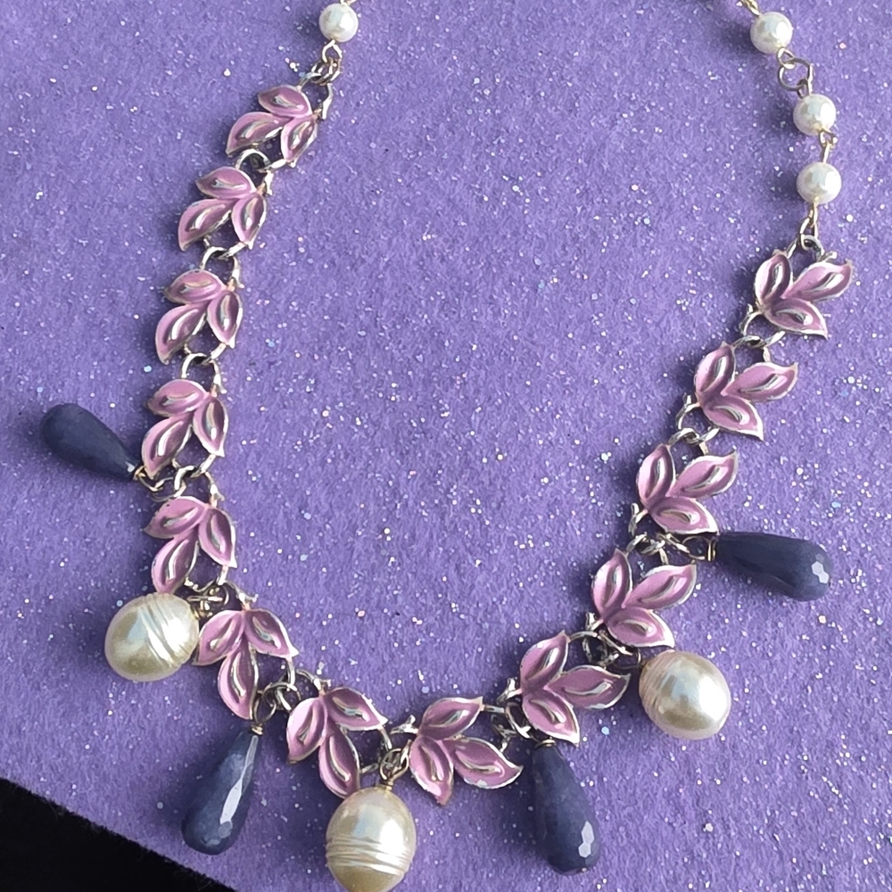 Delicate Pink Leaf Necklace with Pearl & Navy Teardrops